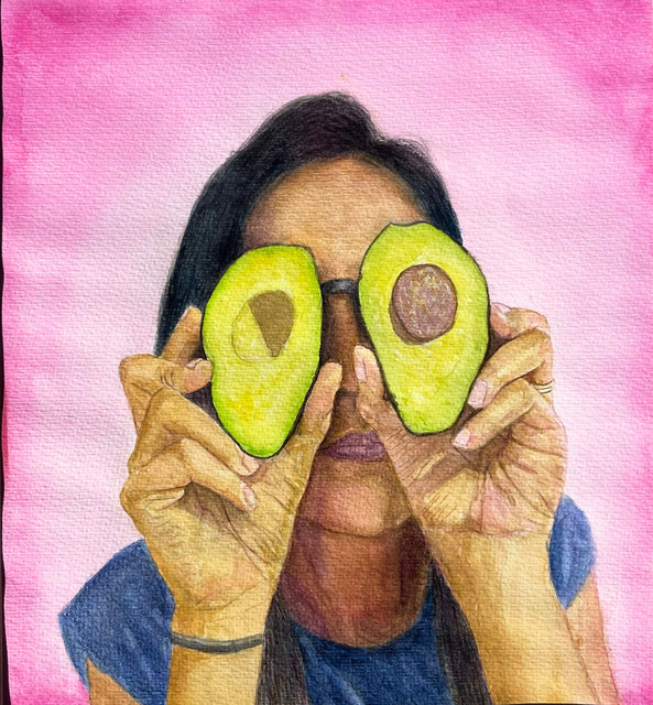 Aguacates — acuarela de una persona cubriéndose los ojos con dos mitades de aguacate