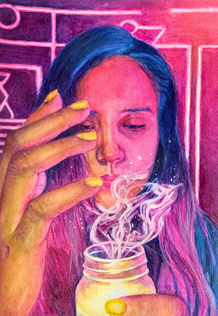 Alquimia I — acuarela de una mujer con humo luminoso saliendo de un frasco