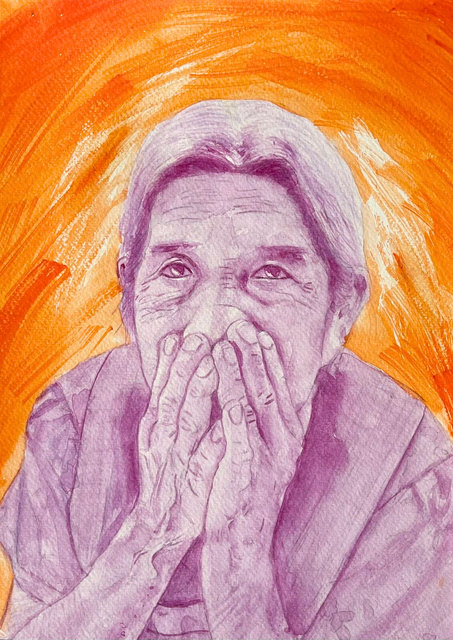 Aurora — retrato en acuarela de una mujer mayor sobre fondo naranja