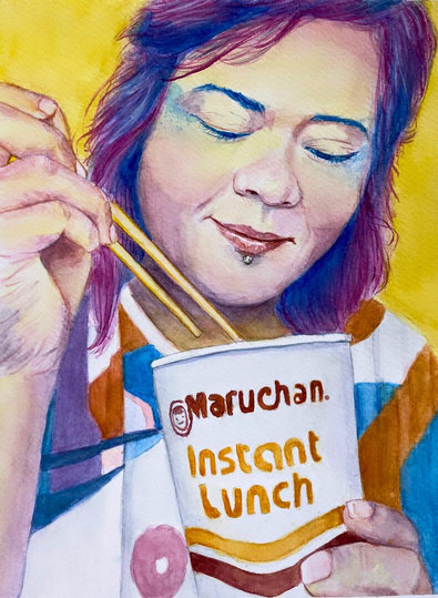 Domingos de sopa — acuarela de una mujer comiendo sopa instantánea con palillos
