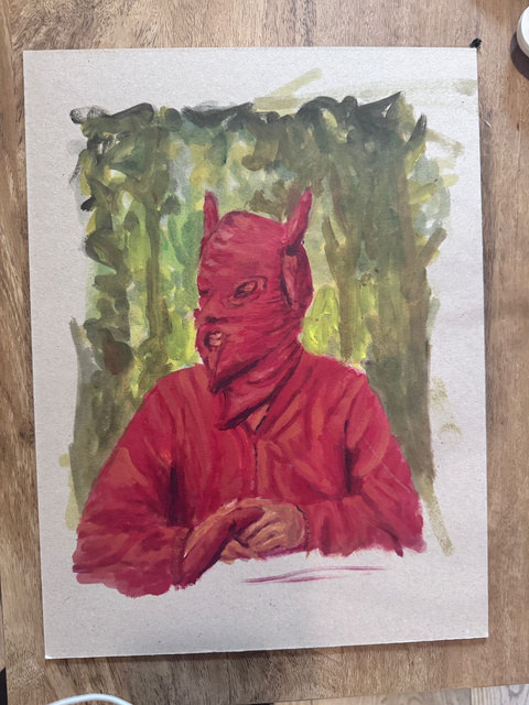 El Choto — óleo de una figura roja con capucha sobre fondo verde