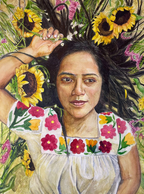 Entre flores — acuarela de una mujer con blusa bordada rodeada de girasoles