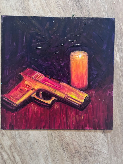 Fuego — óleo de bodegón con vela encendida