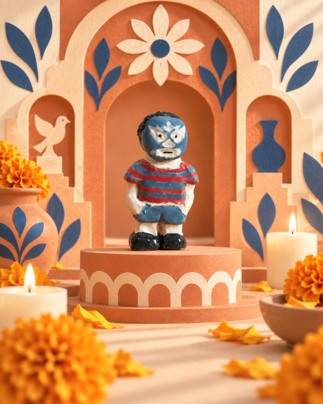 Luchador — figura de cerámica esmaltada de un niño con máscara de luchador azul, playera de rayas rojas y short azul, sobre un pedestal con cempasúchil y velas