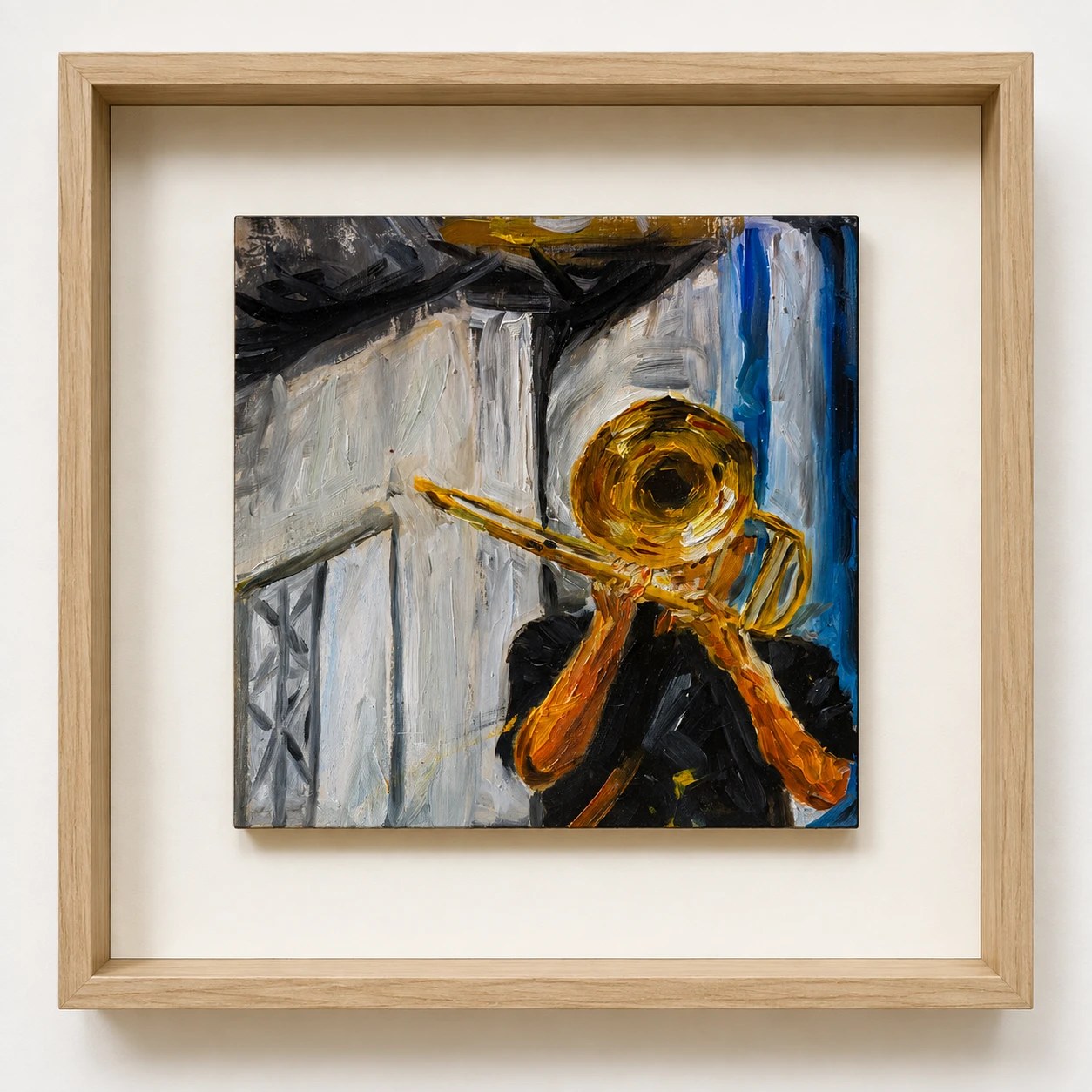 Música y viento II — óleo de un trombón dorado sobre fondo blanco y azul