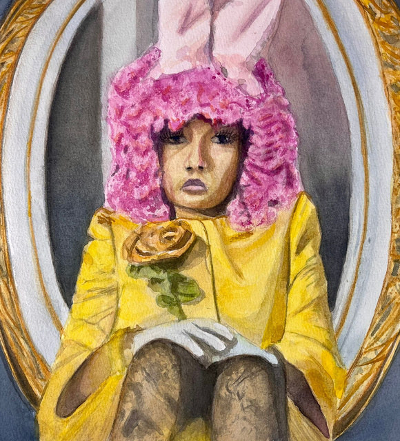 Persiguiendo el tiempo II — acuarela y hoja de oro con retrato y conejo blanco
