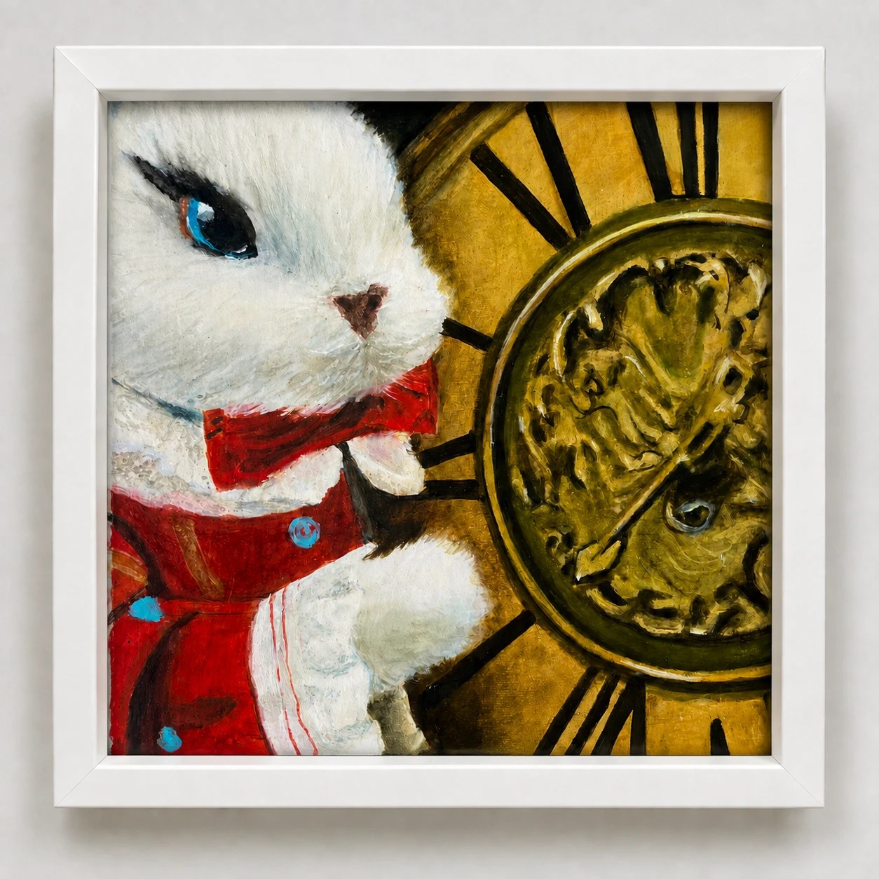 Persiguiendo el tiempo — óleo de un conejo blanco de saco rojo y moño junto a un gran reloj dorado, enmarcado en blanco