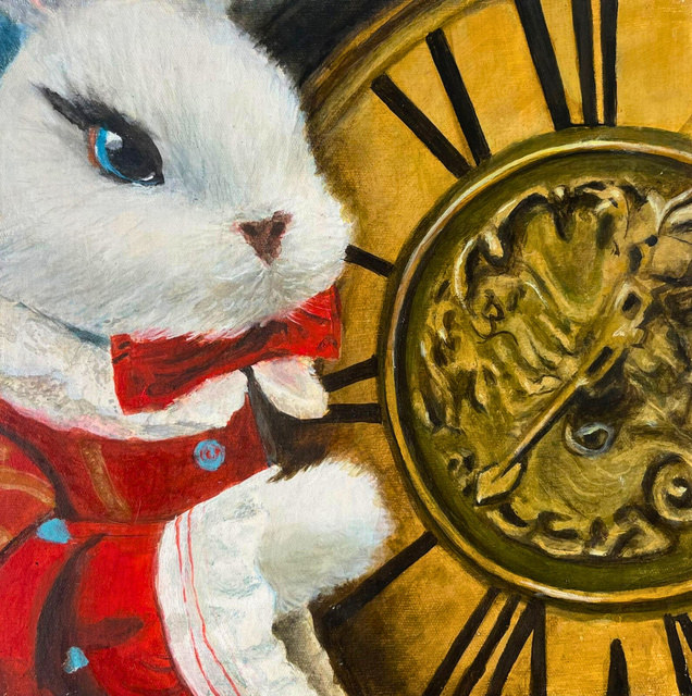 Persiguiendo el tiempo — óleo de un conejo blanco con moño rojo junto a un reloj antiguo