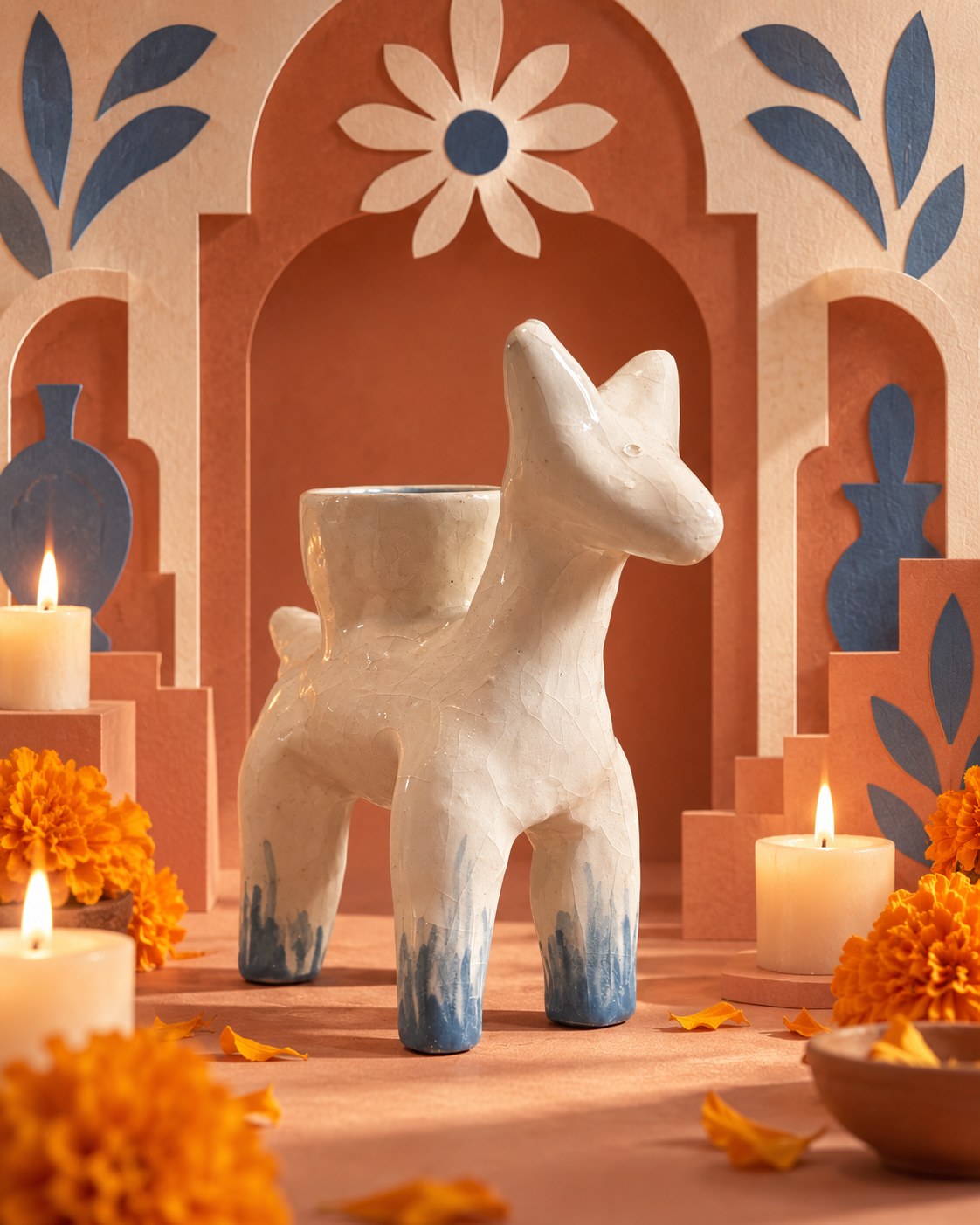 Torito — figura de cerámica esmaltada blanca con craquelado, patas con escurridos azules y una pequeña copa en el lomo, en un nicho con cempasúchil y velas