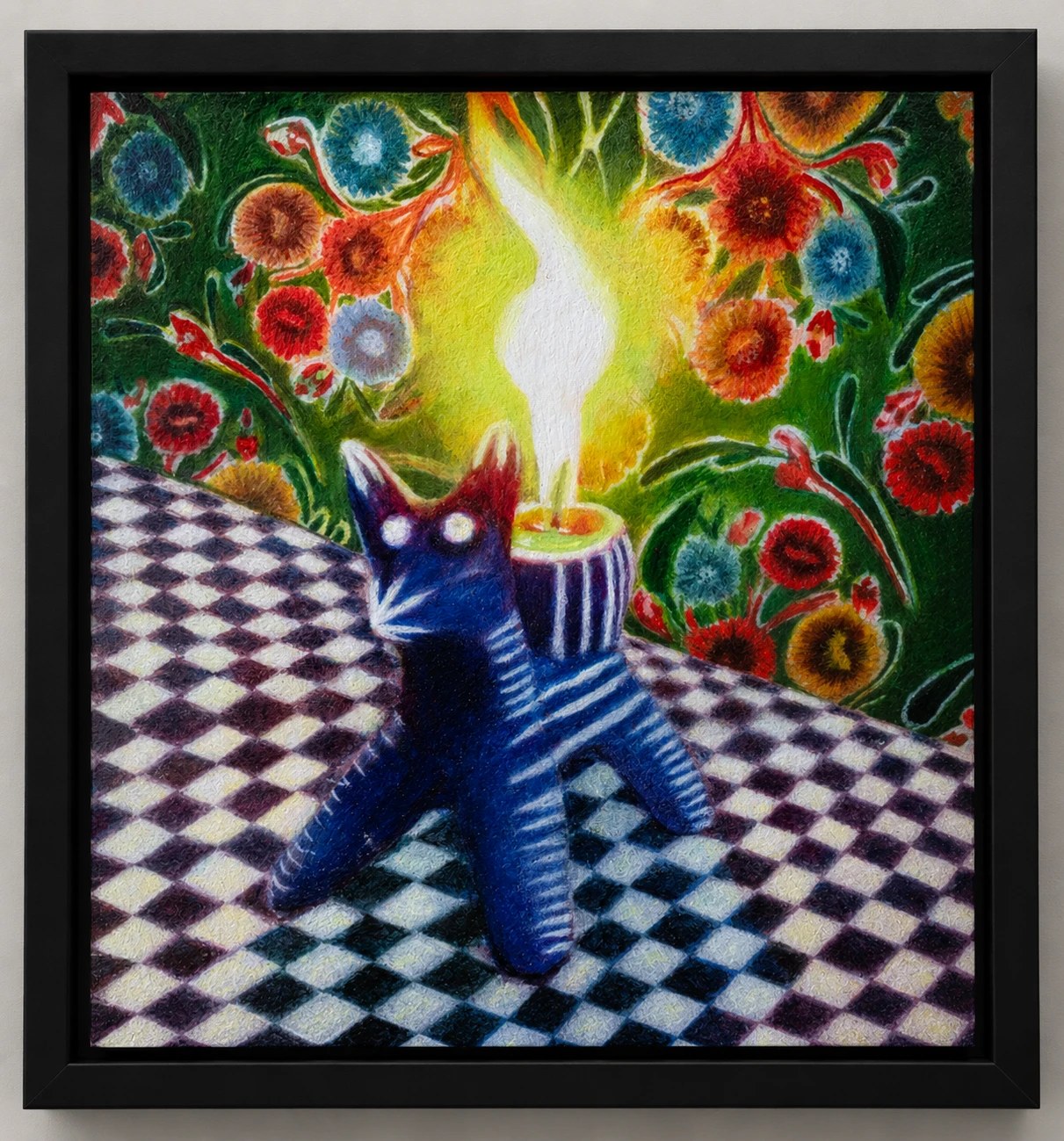 Torito — óleo de un torito de fuego azul sobre un mantel de rombos, con fondo de flores bordadas, enmarcado en negro